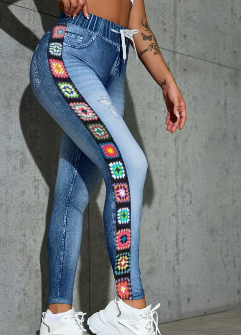 Womens Stretch Waist Faux Denim Jeans