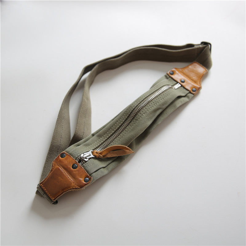 American Retro Military Style Chest Bag Made Of Old Canvas With Top Layer Cowhide