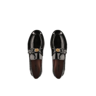 Genuine Leather Camellia Gold Buckle Round Head Pumps