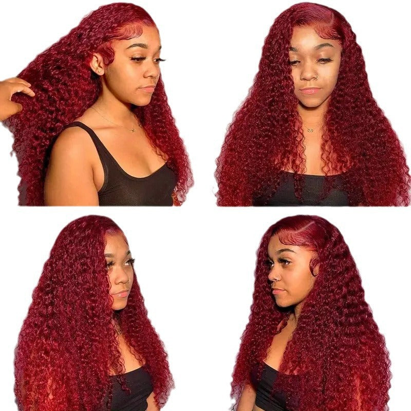 Mode Vinrød Paryk Front Lace Lille Rulle Viklet Rør Afro Syntetiske Parykker