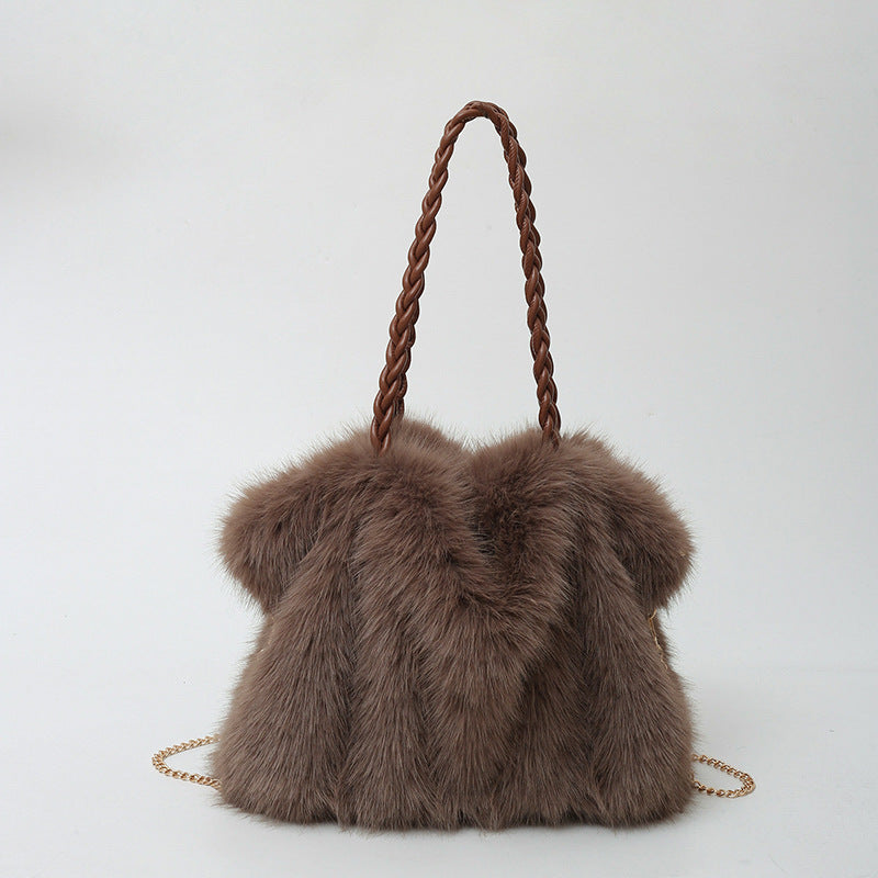 New Plush High-end Fashion Pleated Faux Fox Fur Shoulder Bag