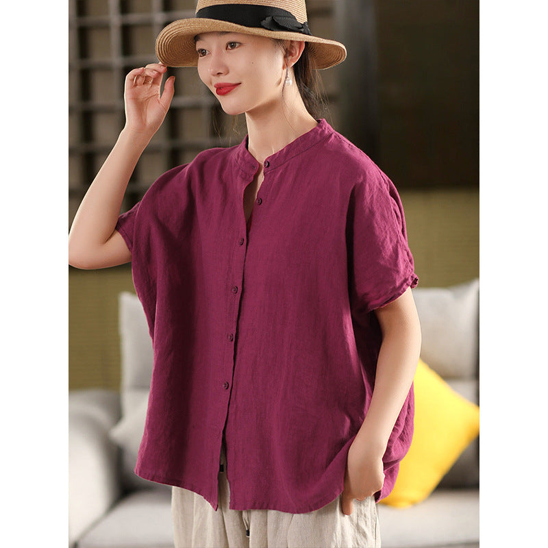 Korean-style Artistic Cotton-linen Short-sleeve Shirt Top