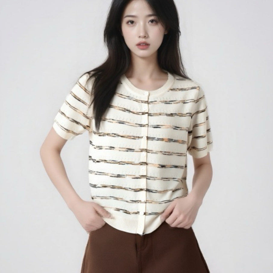 Womens French Chanel-style Striped Ice Silk Knit Top With Short Sleeves