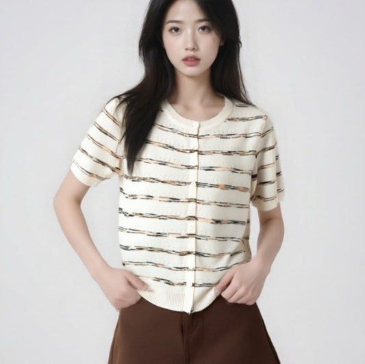 Womens French Chanel-style Striped Ice Silk Knit Top With Short Sleeves