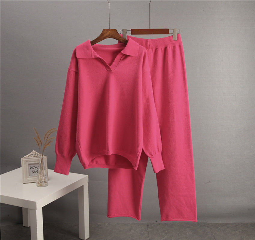 European And American-style Solid-color Lapel Sweater Set For Women, FallWinter