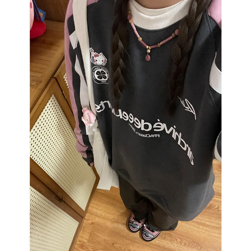 Y2g American Retro Top Stitching Letters Printed Crew Neck Sweatshirt