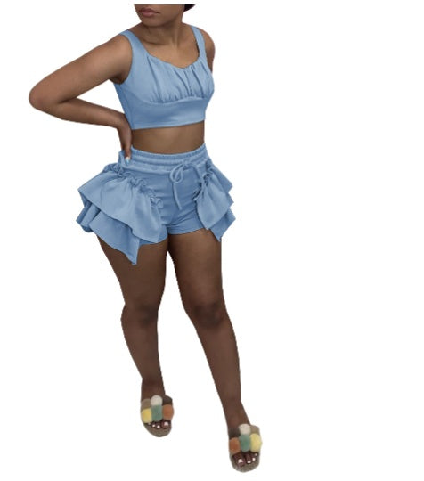 Nightclub Clothes Two-piece Suit Of Solid Color Vest And Shorts With Wooden Ears