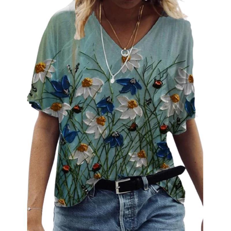 Blomsterprint Pullover V-hals Kortærmet T-shirt til Kvinder