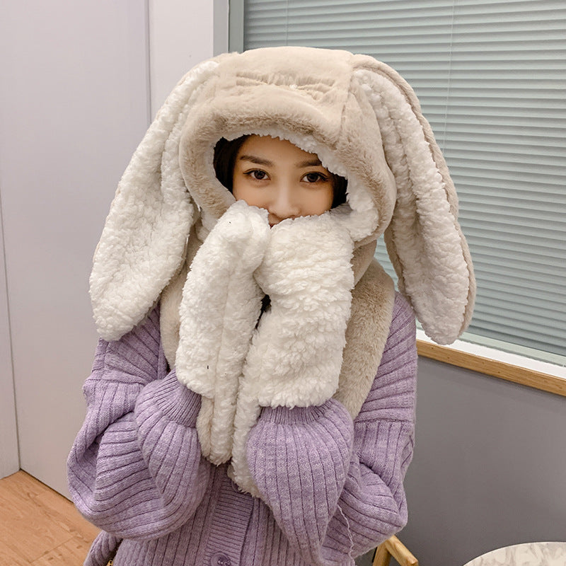Women's Fashion Cute Rabbit Ears Plush Hat Scarf Gloves One Three Pieces Set