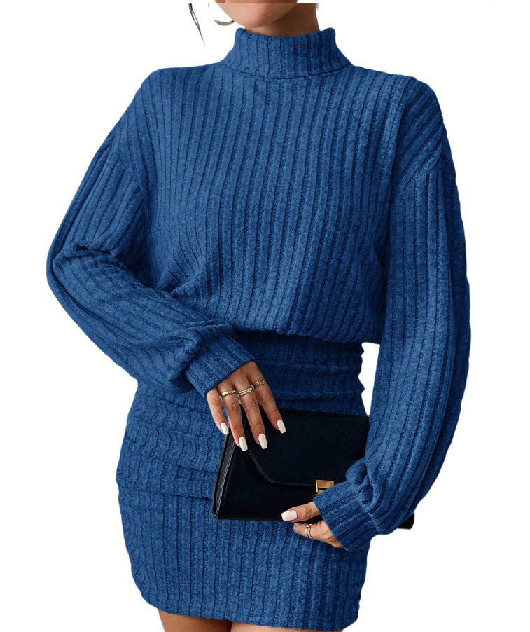 Hug-hem Long-sleeve Turtleneck Skirt Rib-knit Dress