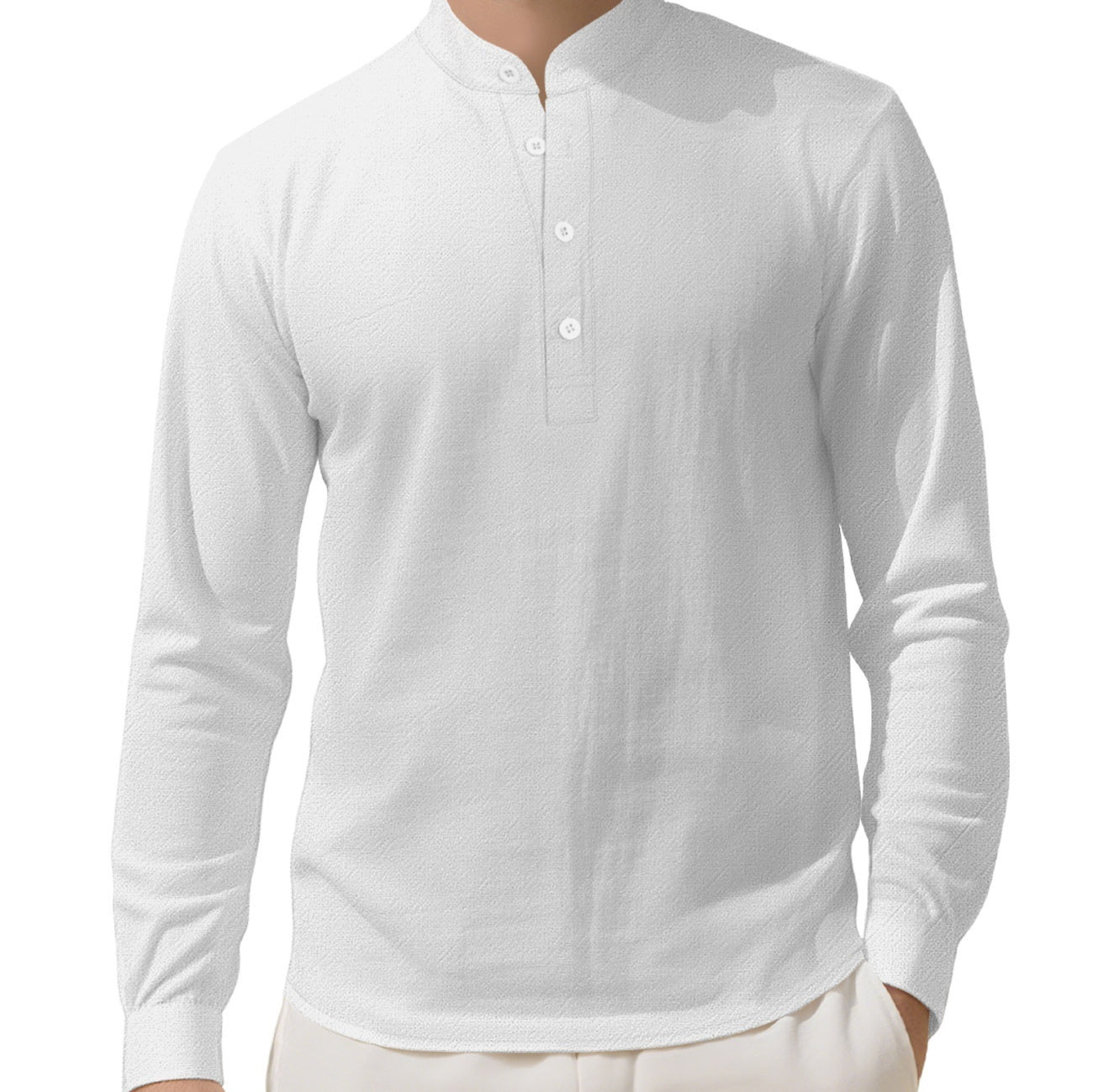 Men's Loose Linen Solid Color Long Sleeve Stand Collar Shirt