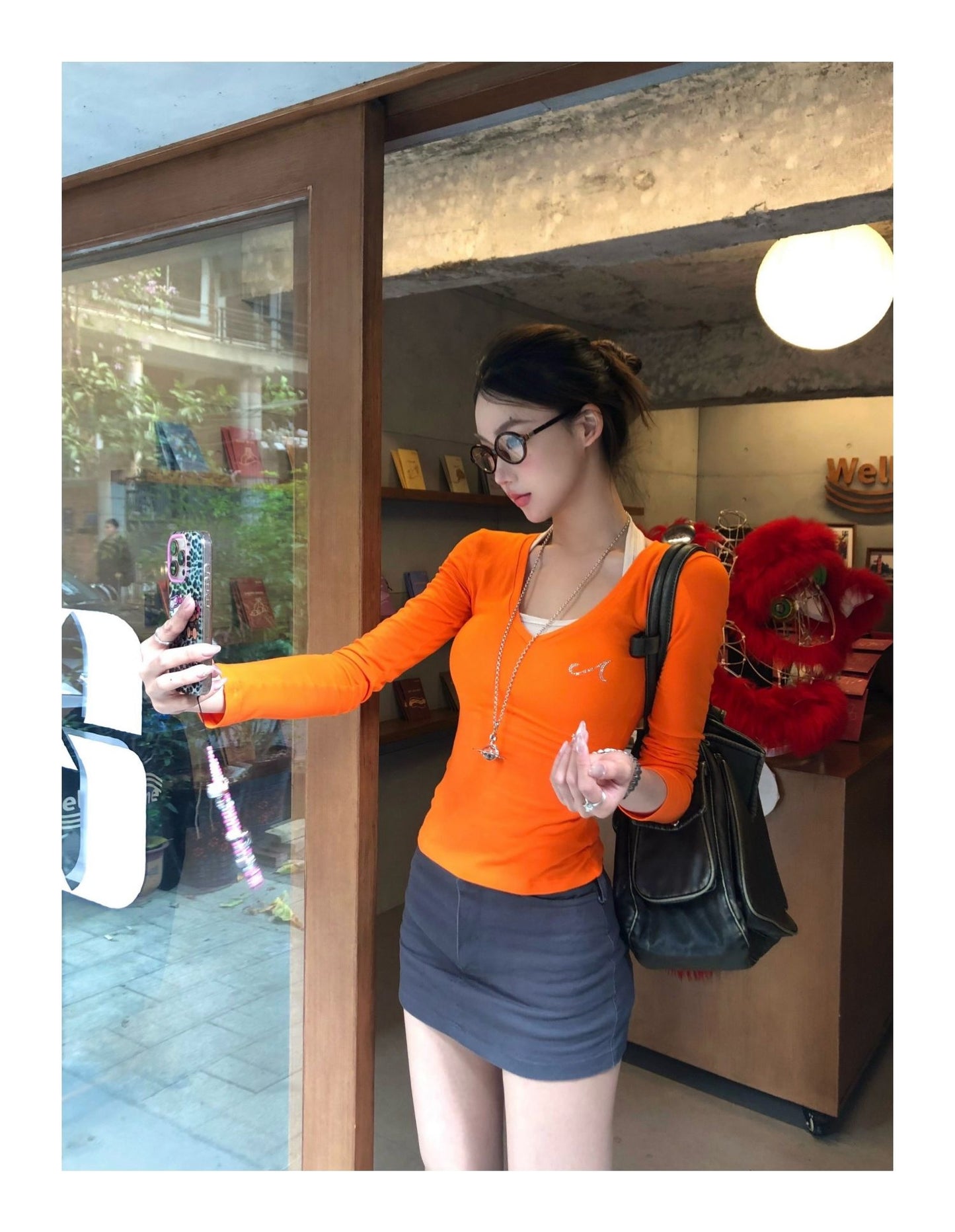 Langærmet Rhinestone Inder-Bundskjorte Slim Fit Slankende Dopamin Top