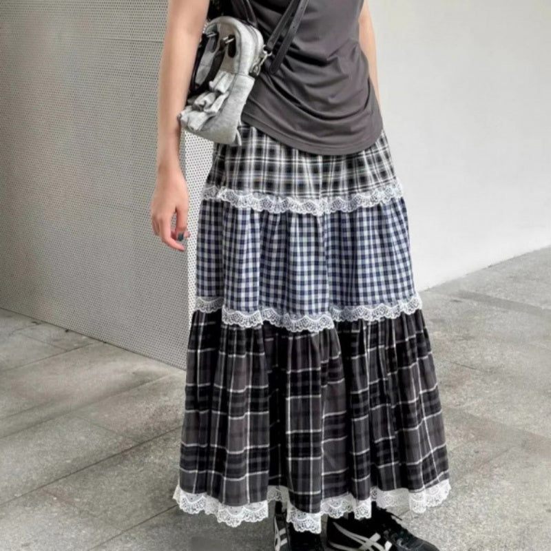 Plaid Lace-Patched Cake-Style Checkered Midi Skirt For Women