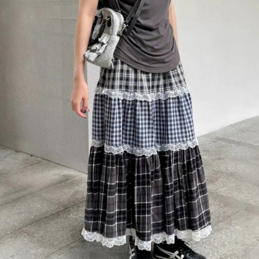 Plaid Lace-Patched Cake-Style Checkered Midi Skirt For Women