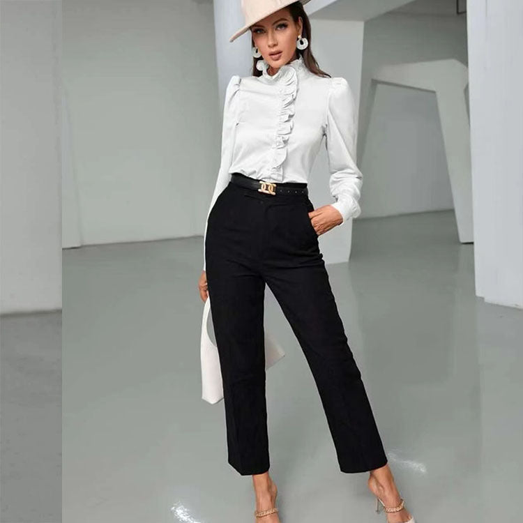 Women's Solid Color Simple Long-sleeved Ruffle Straight Shirt
