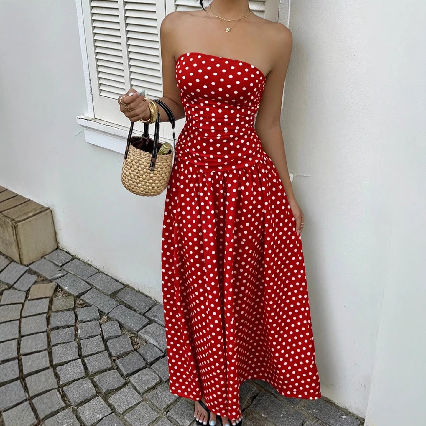Elegante Prikkede Off-shoulder Kjoler Ensfarvede Stropløse Dame Højtaljede Robe Pendlerfest Forretning Strand Ferie Outfit