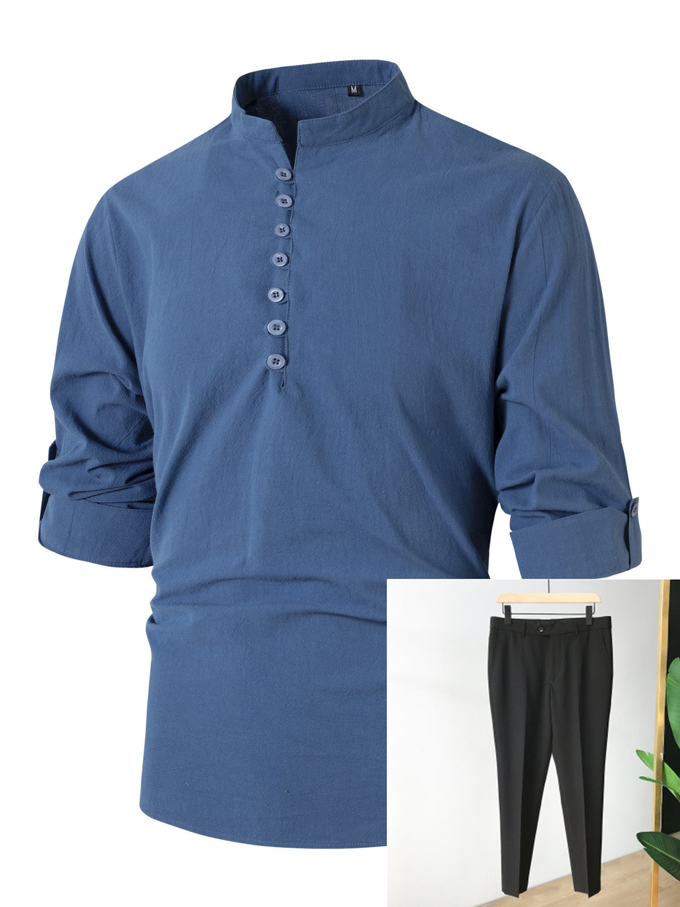 Fashion Retro Men's Spring And Autumn Cotton And Linen Stand Collar Business Slim Casual Shirt