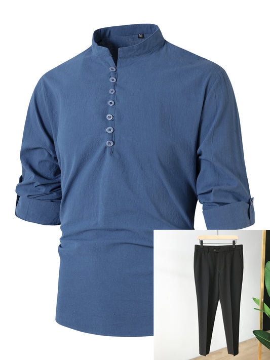 Fashion Retro Men's Spring And Autumn Cotton And Linen Stand Collar Business Slim Casual Shirt