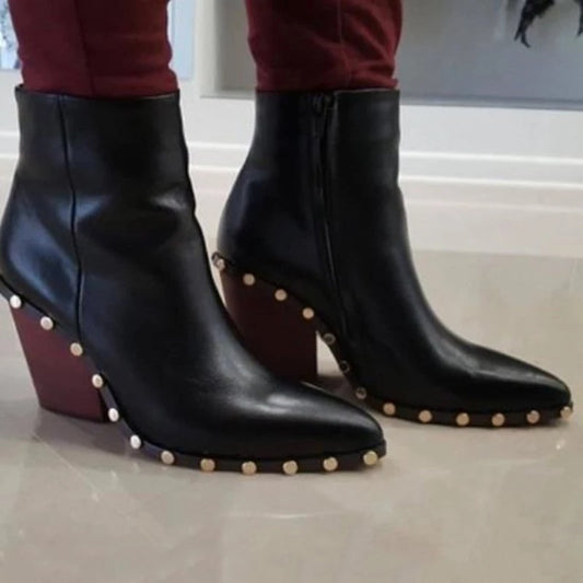 Solid Color Rivet Pointed Toe Women's Short Boots