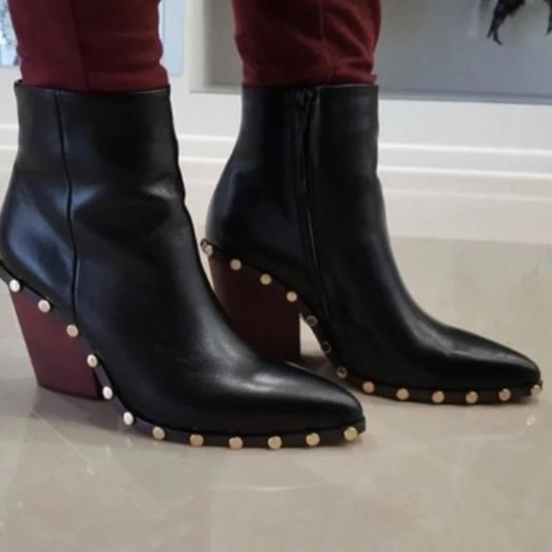 Solid Color Rivet Pointed Toe Women's Short Boots