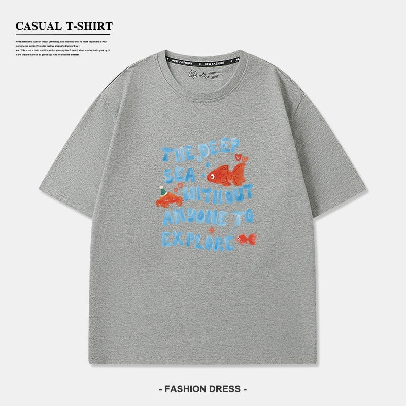 Cute Goldfish Printed Short Sleeve White Cotton T-shirt