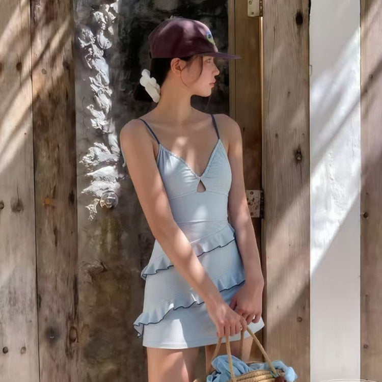 Korean Creamy-Style Conservative Ruffle Cake Dress For Women