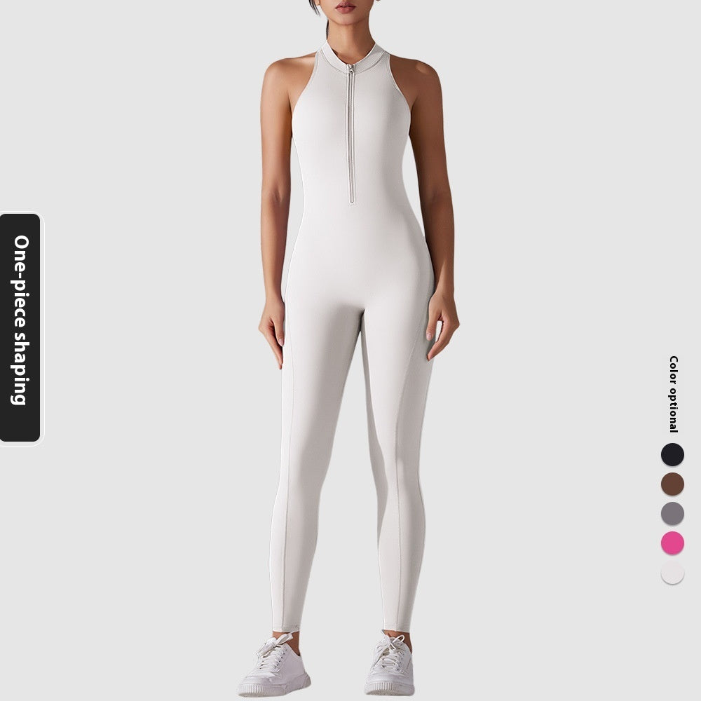 Solid Color Nude Feel High Strength Tight Sports Back Shaping Long Jumpsuit