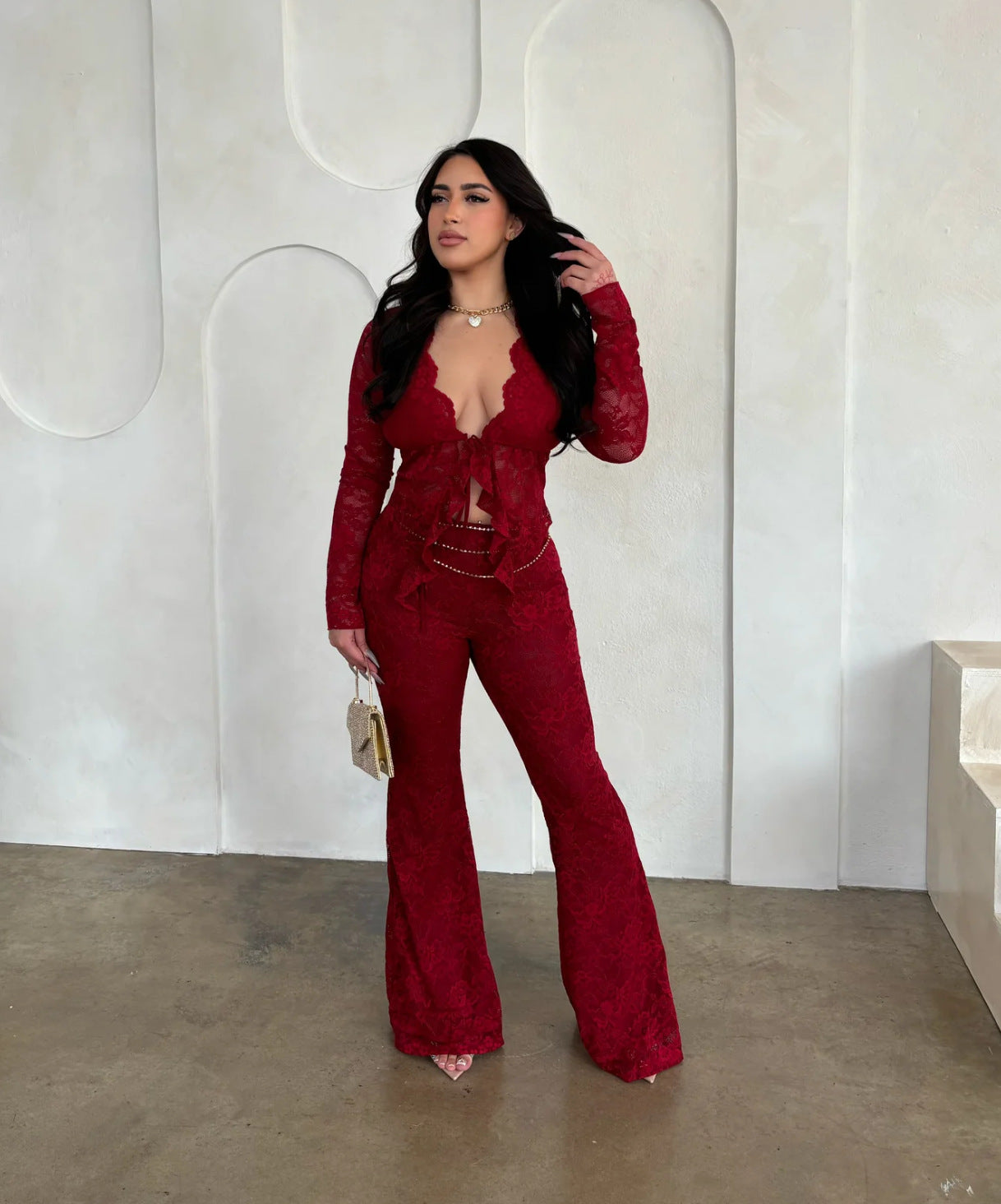 Lace Top With Long Sleeves And Lace Pants Two-piece Set