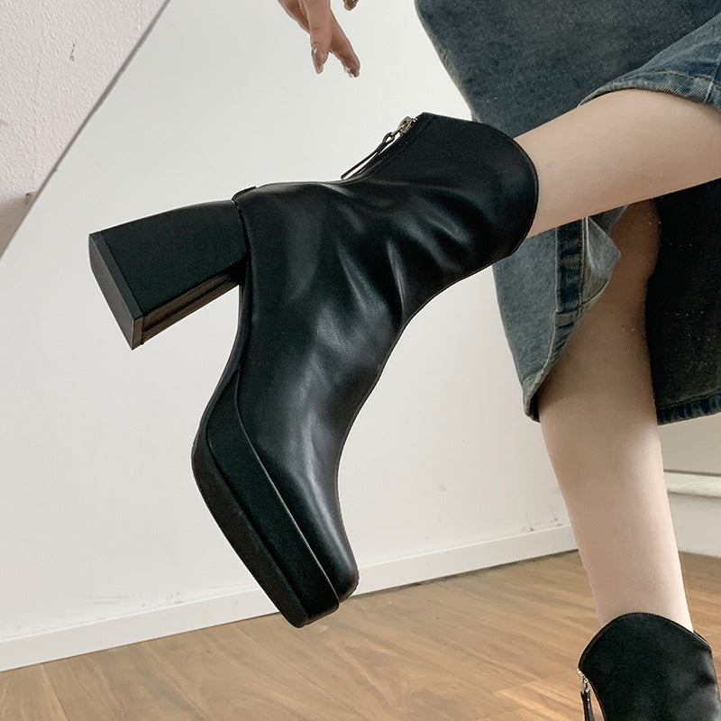 High Heel Back Zip Ankle Boots Chunky Heel Square Toe