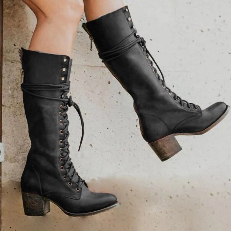 New Lace-up Boots Women's Boots Thick Heel Plus Size 40-43