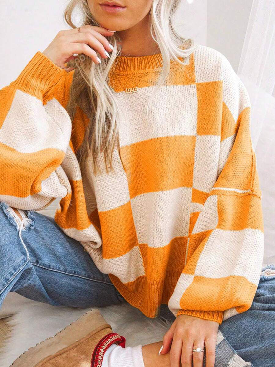 Contrast Color Checkerboard Loose And Lazy Style Stitching Sweater