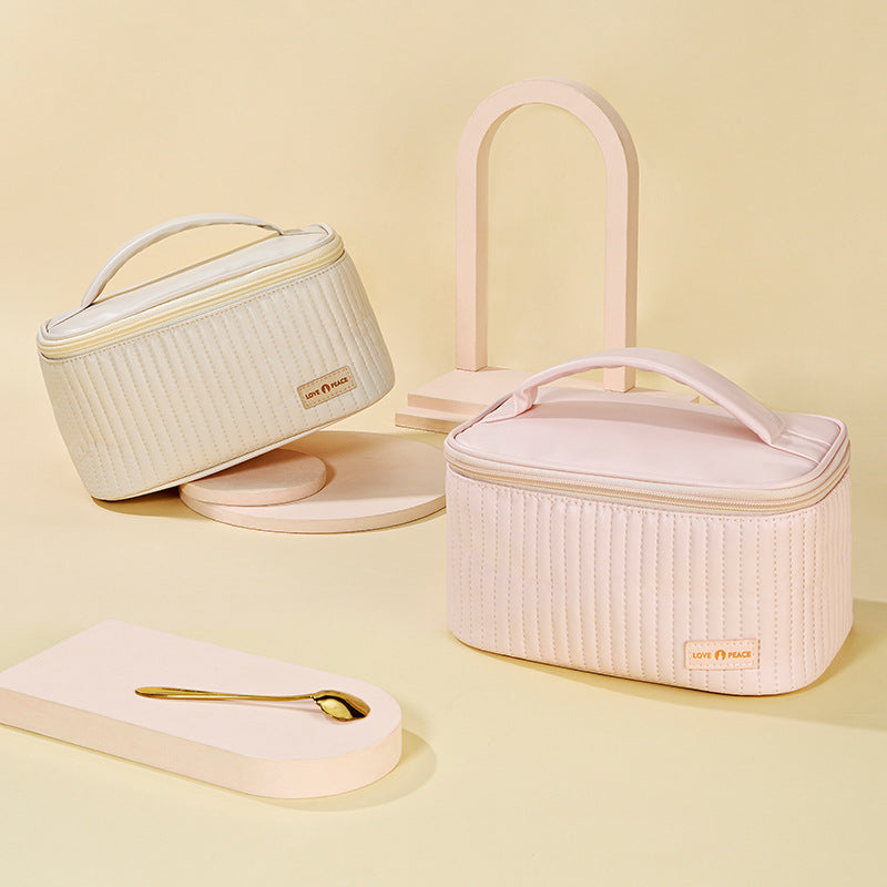 Open Lid PU Solid Color Portable Toiletry Storage Bag Makeup Bag