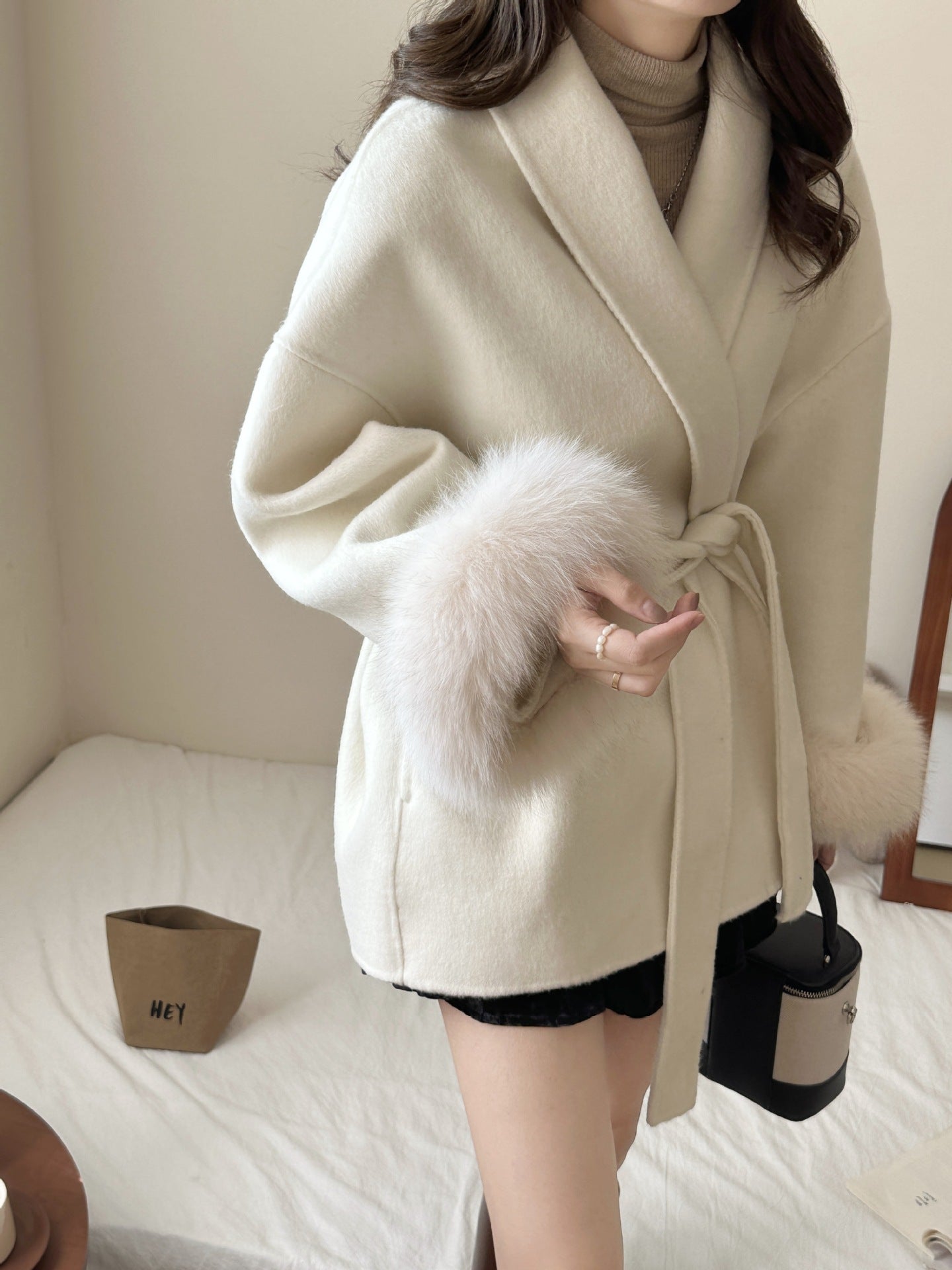 Lace-up Green Collar Double-sided Wool Coat