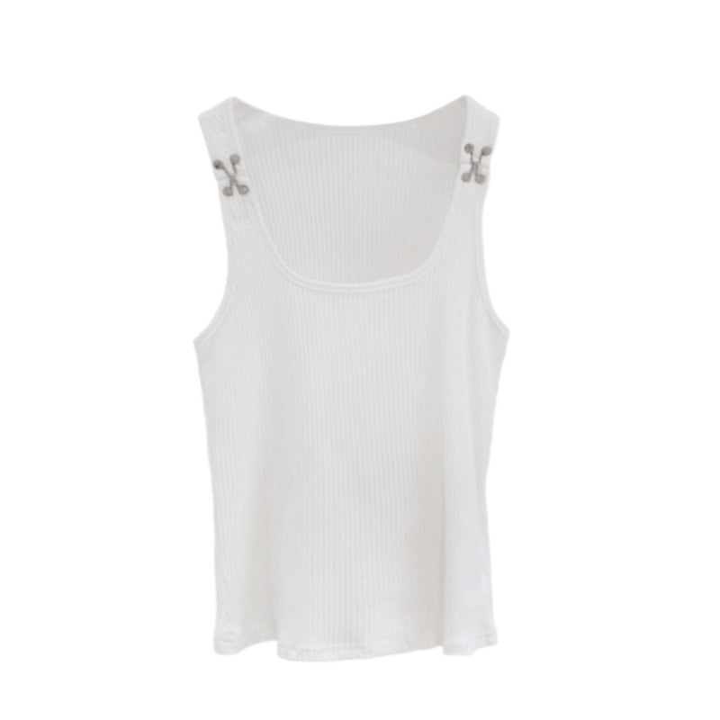 Spring Metal Buckle Embellished Shoulder Tank Top
