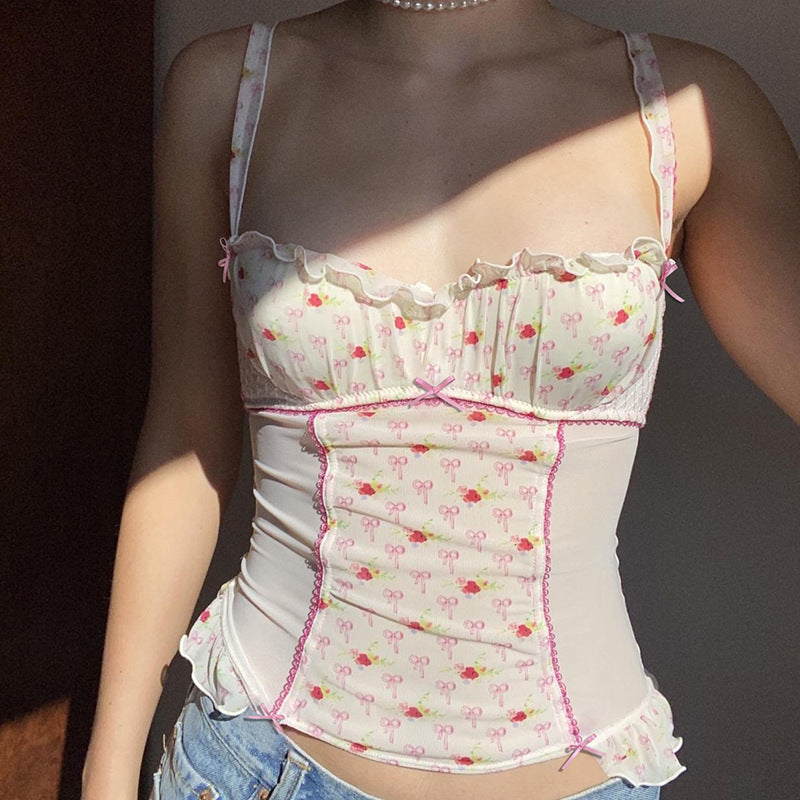 French Style Bow Element Mesh Stitching Ruffle Sleeveless Vest