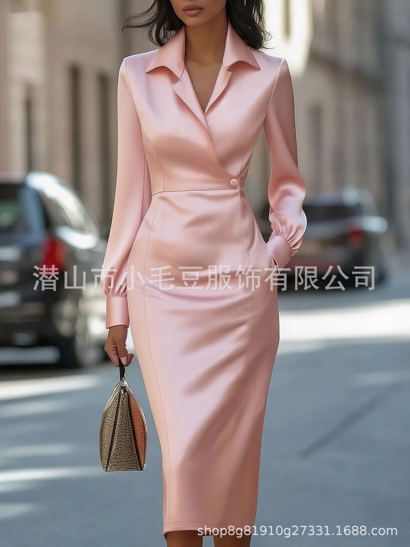And Elegant Long-sleeve Dress With A Lapel Collar