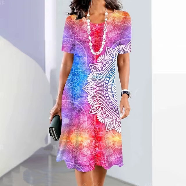 Womens Summer Classic 3D Digital Print Fashion Short-Sleeve Dress