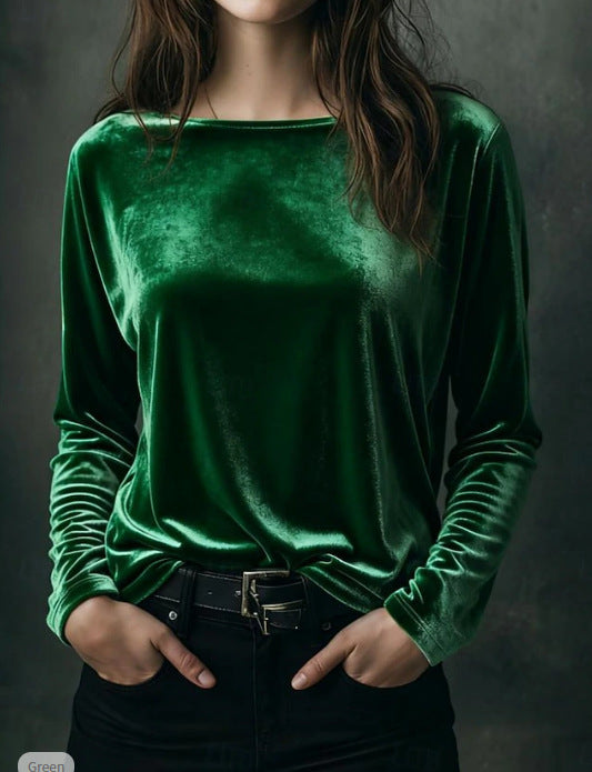 Dame Ensfarvet Løstsiddende Rundhalset Pullover Fløjl T-shirt