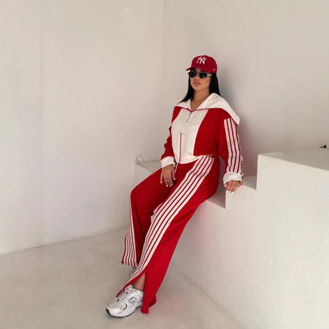 Womens Striped Coral-Fleece Patchwork Long-Sleeve Zip-Up Pants Set