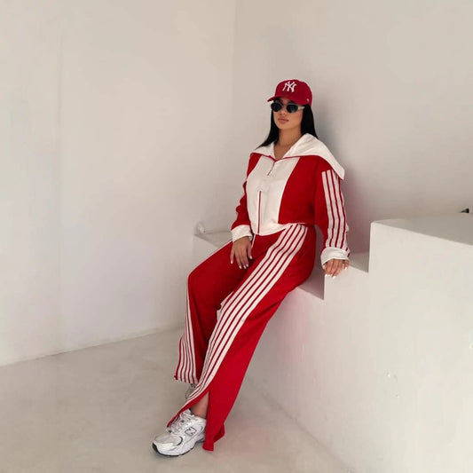 Womens Striped Coral-Fleece Patchwork Long-Sleeve Zip-Up Pants Set