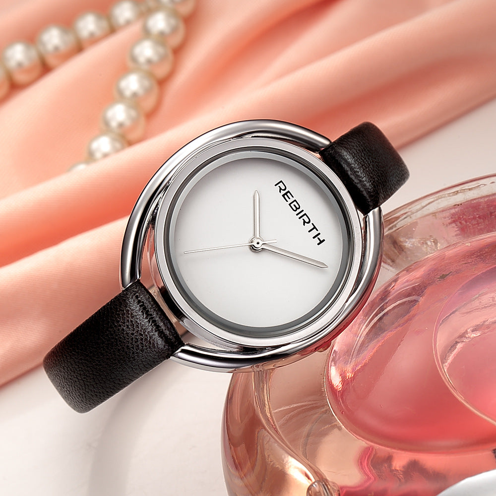 Women's quartz watch with large dial and thin belt