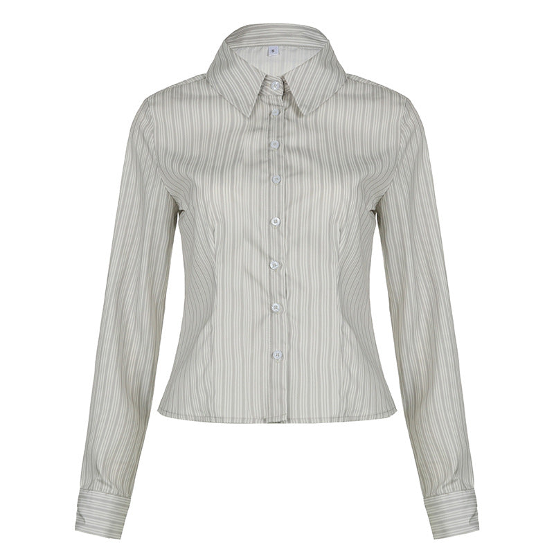 Striped Slim-fit Basic Long Sleeve Thin Lapels Breasted Shirt