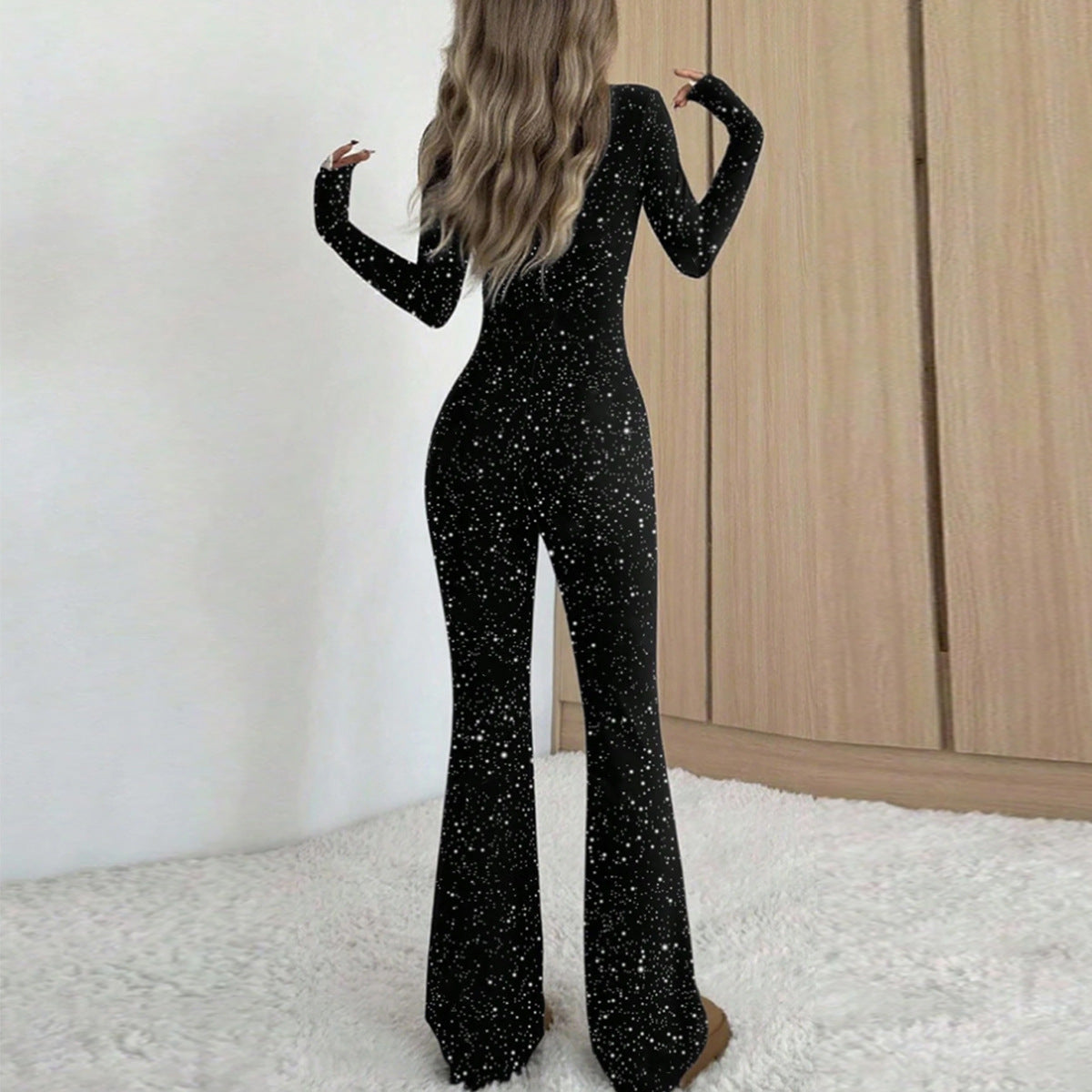 Autumn Temperament Slim Fit Square Neck Silver Jumpsuit For Women