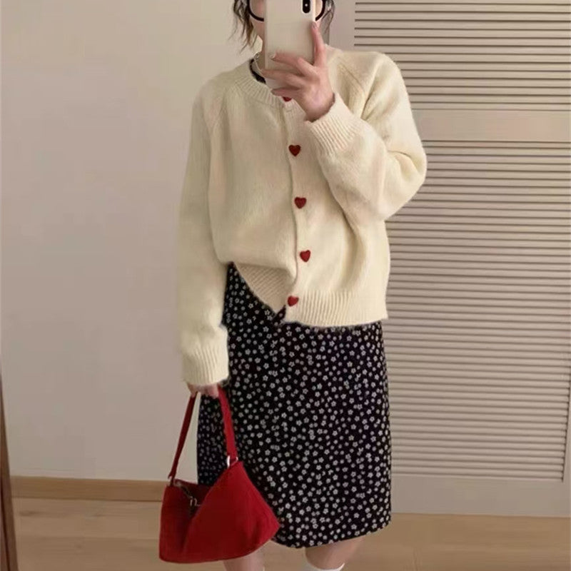 Rundhalset Matchende Design Kærlighed Pige Spænde Strikket Cardigan Sweater Frakke Til Kvinder