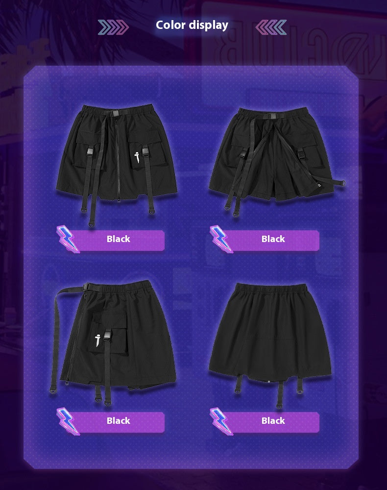 Summer New Mechanical Style Ribbon Short Pantskirt Men And Women Loose Casual With Big Pockets