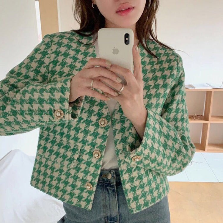 Outer Tower Green Houndstooth Pearl Button Small Fragrant Wind Short Jacket