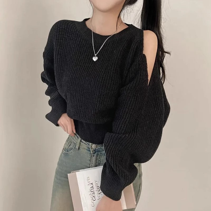 Dignified Hollow Off-the-shoulder Loose-fitting Long Sleeve Sweater