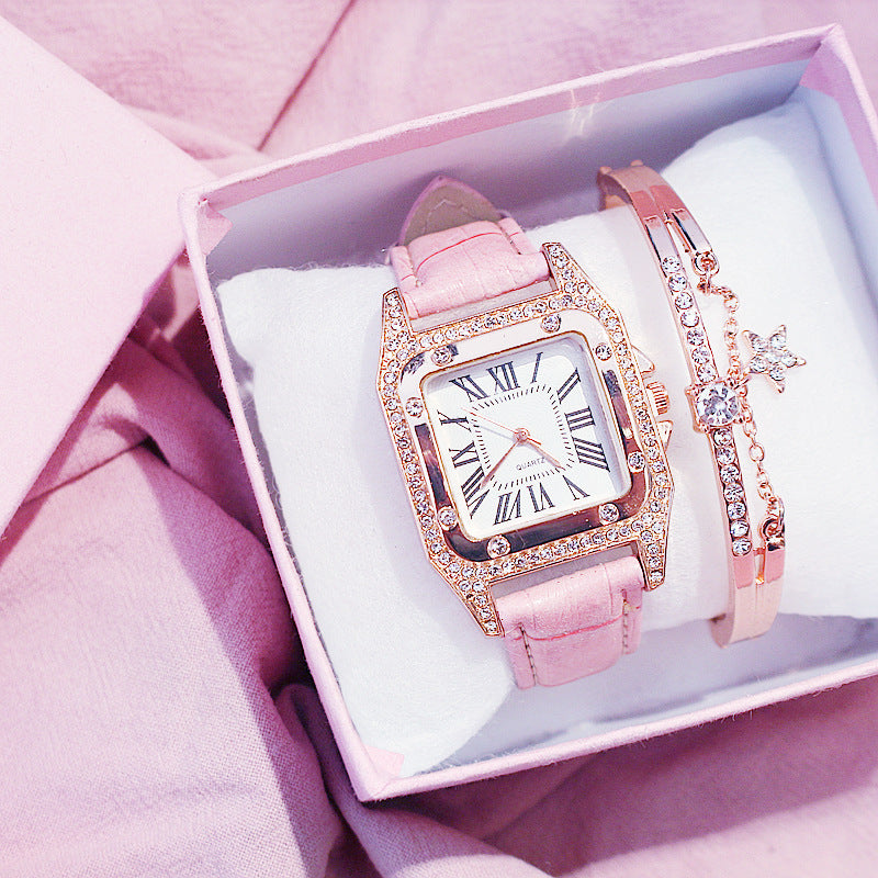 Square Dial Belt Quartz Watch + Star Bracelet