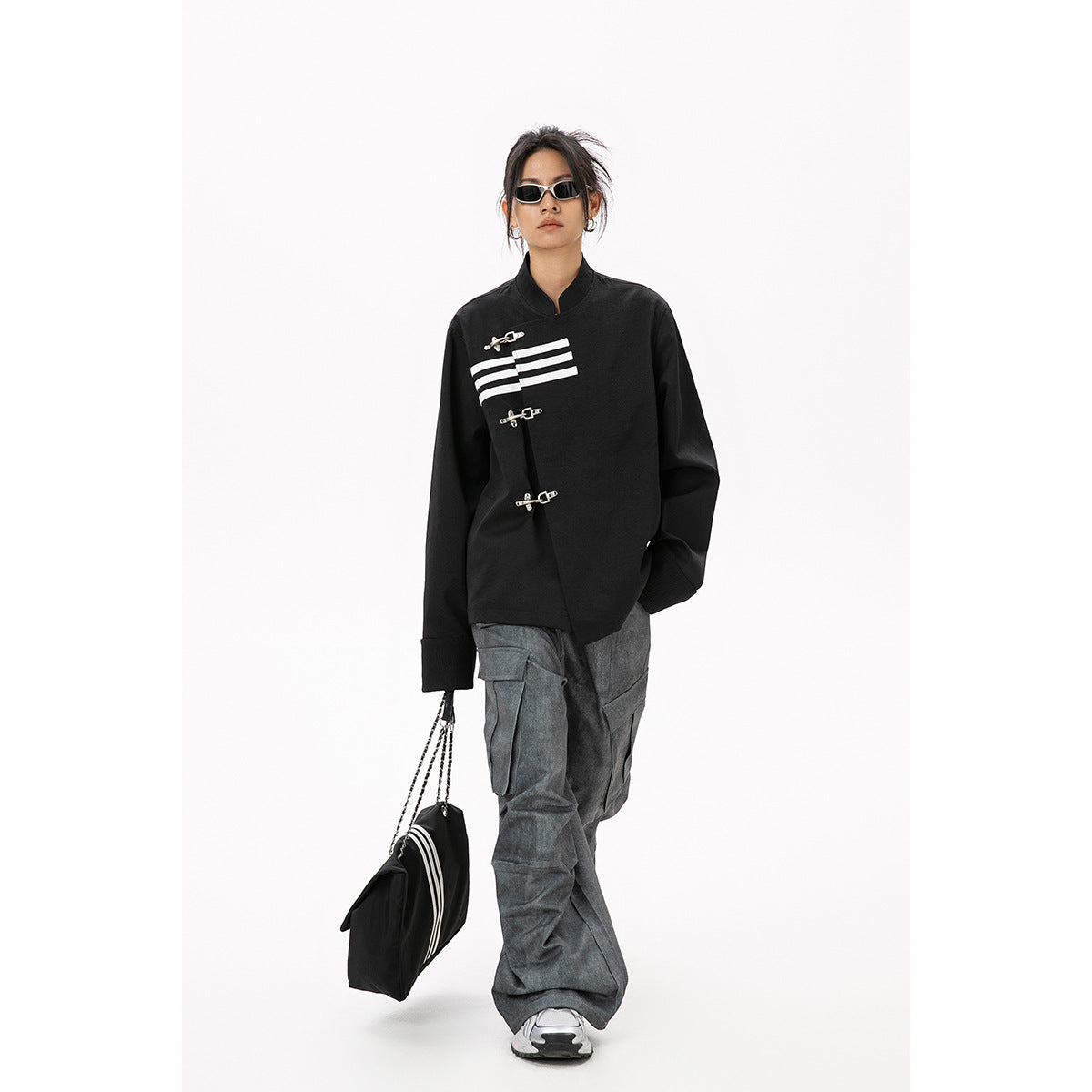 Veste de costume décontractée à col montant avec trois bandes