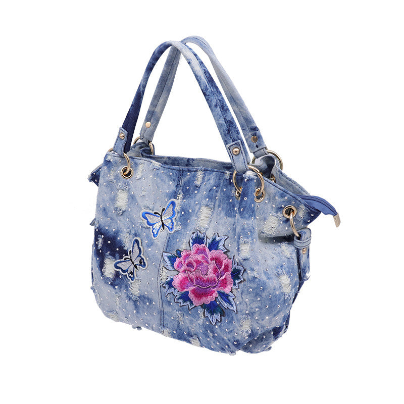 Multifunctional Casual Washed Denim Floral Shoulder Bag